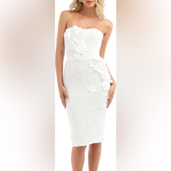 Heski Liliana White Sequin Midi Dress with Rose Appliqué - Picture 3 of 15